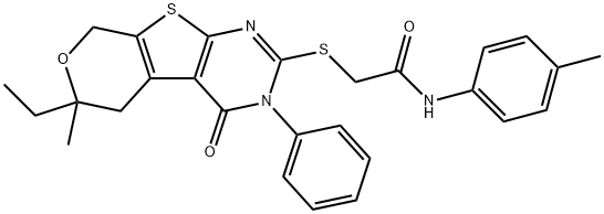 2-[(6-ethyl-6-methyl-4-oxo-3-phenyl-3,5,6,8-tetrahydro-4H-pyrano[4',3':4,5]thieno[2,3-d]pyrimidin-2-yl)sulfanyl]-N-(4-methylphenyl)acetamide Struktur