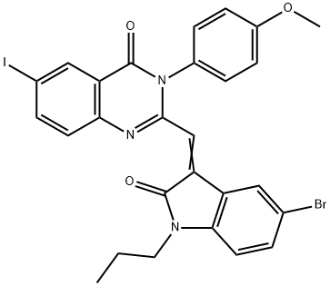 2-[(5-bromo-2-oxo-1-propyl-1,2-dihydro-3H-indol-3-ylidene)methyl]-6-iodo-3-(4-methoxyphenyl)-4(3H)-quinazolinone Struktur