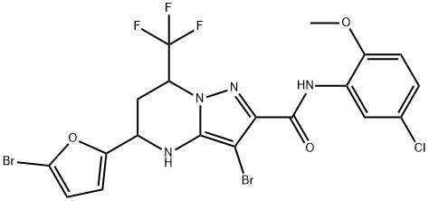 3-bromo-5-(5-bromo-2-furyl)-N-(5-chloro-2-methoxyphenyl)-7-(trifluoromethyl)-4,5,6,7-tetrahydropyrazolo[1,5-a]pyrimidine-2-carboxamide Struktur