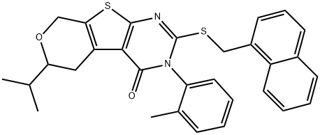 6-isopropyl-3-(2-methylphenyl)-2-[(1-naphthylmethyl)sulfanyl]-3,5,6,8-tetrahydro-4H-pyrano[4',3':4,5]thieno[2,3-d]pyrimidin-4-one Struktur