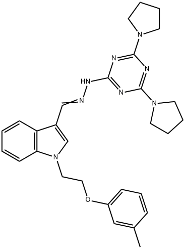 1-[2-(3-methylphenoxy)ethyl]-1H-indole-3-carbaldehyde [4,6-di(1-pyrrolidinyl)-1,3,5-triazin-2-yl]hydrazone Struktur