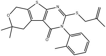 6,6-dimethyl-3-(2-methylphenyl)-2-[(2-methyl-2-propenyl)sulfanyl]-3,5,6,8-tetrahydro-4H-pyrano[4',3':4,5]thieno[2,3-d]pyrimidin-4-one Struktur