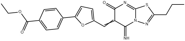 ethyl 4-{5-[(5-imino-7-oxo-2-propyl-5H-[1,3,4]thiadiazolo[3,2-a]pyrimidin-6(7H)-ylidene)methyl]-2-furyl}benzoate Struktur