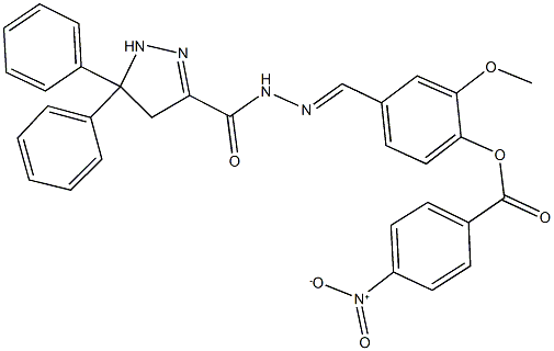 4-{2-[(5,5-diphenyl-4,5-dihydro-1H-pyrazol-3-yl)carbonyl]carbohydrazonoyl}-2-methoxyphenyl 4-nitrobenzoate Struktur