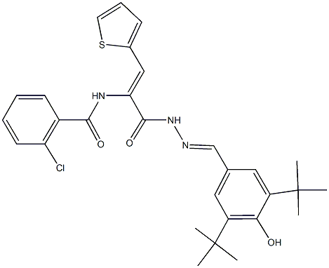 2-chloro-N-[1-{[2-(3,5-ditert-butyl-4-hydroxybenzylidene)hydrazino]carbonyl}-2-(2-thienyl)vinyl]benzamide Struktur