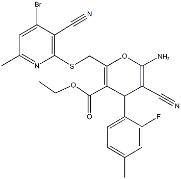 ethyl 6-amino-2-{[(4-bromo-3-cyano-6-methyl-2-pyridinyl)sulfanyl]methyl}-5-cyano-4-(2-fluoro-4-methylphenyl)-4H-pyran-3-carboxylate Struktur