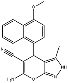 6-amino-4-(4-methoxy-1-naphthyl)-3-methyl-2,4-dihydropyrano[2,3-c]pyrazole-5-carbonitrile Struktur