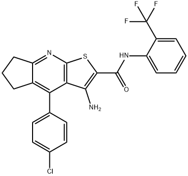 3-amino-4-(4-chlorophenyl)-N-[2-(trifluoromethyl)phenyl]-6,7-dihydro-5H-cyclopenta[b]thieno[3,2-e]pyridine-2-carboxamide Struktur