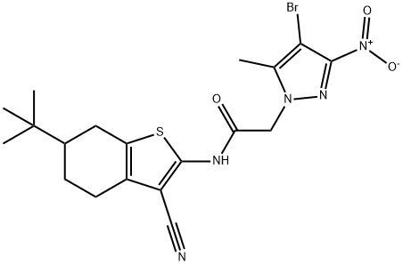 2-{4-bromo-3-nitro-5-methyl-1H-pyrazol-1-yl}-N-(6-tert-butyl-3-cyano-4,5,6,7-tetrahydro-1-benzothien-2-yl)acetamide Struktur