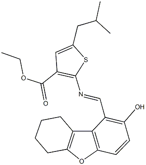 ethyl 2-{[(2-hydroxy-6,7,8,9-tetrahydrodibenzo[b,d]furan-1-yl)methylene]amino}-5-isobutyl-3-thiophenecarboxylate Struktur