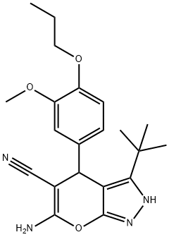 6-amino-3-tert-butyl-4-(3-methoxy-4-propoxyphenyl)-2,4-dihydropyrano[2,3-c]pyrazole-5-carbonitrile Struktur