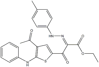 ethyl 3-(4-acetyl-5-anilino-2-thienyl)-2-[(4-methylphenyl)hydrazono]-3-oxopropanoate Struktur