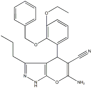 6-amino-4-[2-(benzyloxy)-3-ethoxyphenyl]-3-propyl-1,4-dihydropyrano[2,3-c]pyrazole-5-carbonitrile Struktur