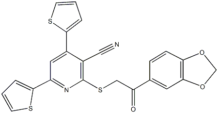 2-{[2-(1,3-benzodioxol-5-yl)-2-oxoethyl]sulfanyl}-4,6-di(2-thienyl)nicotinonitrile Struktur