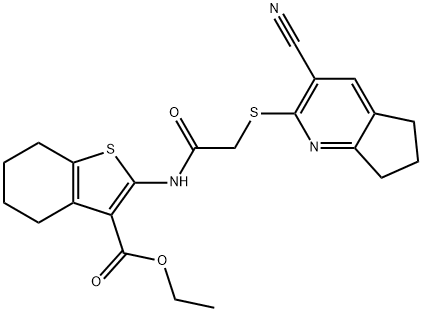 ethyl 2-({[(3-cyano-6,7-dihydro-5H-cyclopenta[b]pyridin-2-yl)sulfanyl]acetyl}amino)-4,5,6,7-tetrahydro-1-benzothiophene-3-carboxylate Struktur