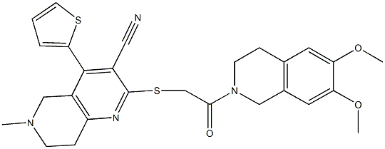 2-{[2-(6,7-dimethoxy-3,4-dihydroisoquinolin-2(1H)-yl)-2-oxoethyl]sulfanyl}-6-methyl-4-thien-2-yl-5,6,7,8-tetrahydro[1,6]naphthyridine-3-carbonitrile Struktur