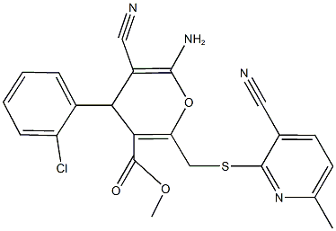 methyl 6-amino-4-(2-chlorophenyl)-5-cyano-2-{[(3-cyano-6-methyl-2-pyridinyl)sulfanyl]methyl}-4H-pyran-3-carboxylate Struktur