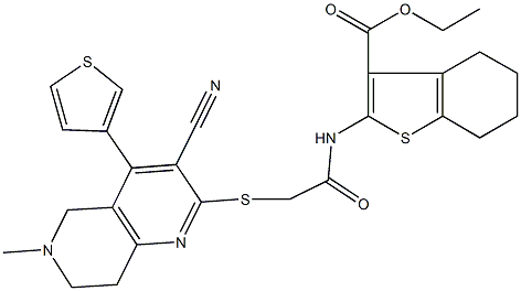 ethyl 2-[({[3-cyano-6-methyl-4-(3-thienyl)-5,6,7,8-tetrahydro[1,6]naphthyridin-2-yl]sulfanyl}acetyl)amino]-4,5,6,7-tetrahydro-1-benzothiophene-3-carboxylate Struktur