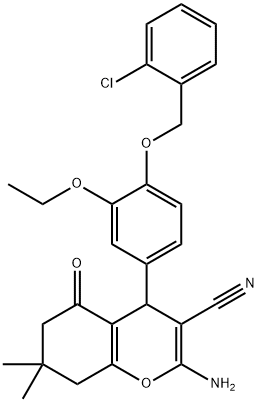 2-amino-4-{4-[(2-chlorobenzyl)oxy]-3-ethoxyphenyl}-7,7-dimethyl-5-oxo-5,6,7,8-tetrahydro-4H-chromene-3-carbonitrile Struktur