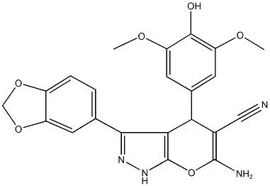 6-amino-3-(1,3-benzodioxol-5-yl)-4-(4-hydroxy-3,5-dimethoxyphenyl)-1,4-dihydropyrano[2,3-c]pyrazole-5-carbonitrile Struktur