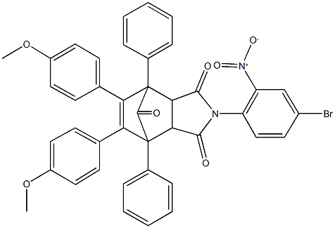 4-{4-bromo-2-nitrophenyl}-8,9-bis(4-methoxyphenyl)-1,7-diphenyl-4-azatricyclo[5.2.1.0~2,6~]dec-8-ene-3,5,10-trione Struktur