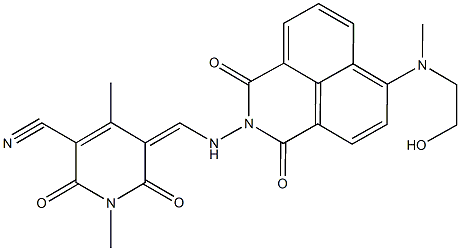 5-{[(6-[(2-hydroxyethyl)(methyl)amino]-1,3-dioxo-1H-benzo[de]isoquinolin-2(3H)-yl)amino]methylene}-1,4-dimethyl-2,6-dioxo-1,2,5,6-tetrahydro-3-pyridinecarbonitrile Struktur