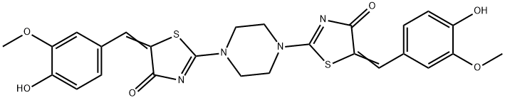 5-(4-hydroxy-3-methoxybenzylidene)-2-{4-[5-(4-hydroxy-3-methoxybenzylidene)-4-oxo-4,5-dihydro-1,3-thiazol-2-yl]-1-piperazinyl}-1,3-thiazol-4(5H)-one Struktur