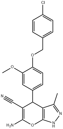 6-amino-4-{4-[(4-chlorobenzyl)oxy]-3-methoxyphenyl}-3-methyl-1,4-dihydropyrano[2,3-c]pyrazole-5-carbonitrile Struktur