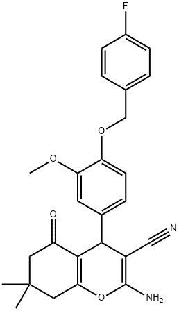 2-amino-4-{4-[(4-fluorobenzyl)oxy]-3-methoxyphenyl}-7,7-dimethyl-5-oxo-5,6,7,8-tetrahydro-4H-chromene-3-carbonitrile Struktur