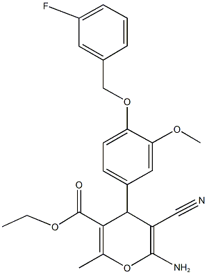 ethyl 6-amino-5-cyano-4-{4-[(3-fluorobenzyl)oxy]-3-methoxyphenyl}-2-methyl-4H-pyran-3-carboxylate Struktur