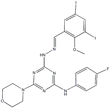 3,5-diiodo-2-methoxybenzaldehyde [4-(4-fluoroanilino)-6-(4-morpholinyl)-1,3,5-triazin-2-yl]hydrazone Struktur