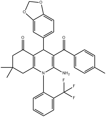 2-amino-4-(1,3-benzodioxol-5-yl)-7,7-dimethyl-3-(4-methylbenzoyl)-1-[2-(trifluoromethyl)phenyl]-4,6,7,8-tetrahydro-5(1H)-quinolinone Struktur