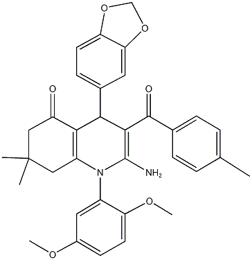 2-amino-4-(1,3-benzodioxol-5-yl)-1-(2,5-dimethoxyphenyl)-7,7-dimethyl-3-(4-methylbenzoyl)-4,6,7,8-tetrahydro-5(1H)-quinolinone Struktur