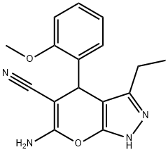 6-amino-3-ethyl-4-(2-methoxyphenyl)-1,4-dihydropyrano[2,3-c]pyrazole-5-carbonitrile Struktur