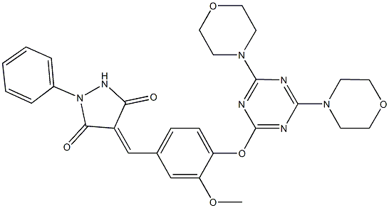 4-(4-{[4,6-di(4-morpholinyl)-1,3,5-triazin-2-yl]oxy}-3-methoxybenzylidene)-1-phenyl-3,5-pyrazolidinedione Struktur