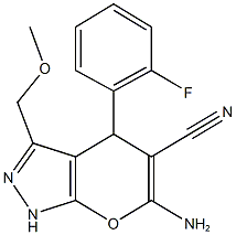 6-amino-4-(2-fluorophenyl)-3-(methoxymethyl)-1,4-dihydropyrano[2,3-c]pyrazole-5-carbonitrile Struktur