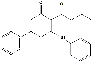 2-butyryl-5-phenyl-3-(2-toluidino)-2-cyclohexen-1-one Struktur