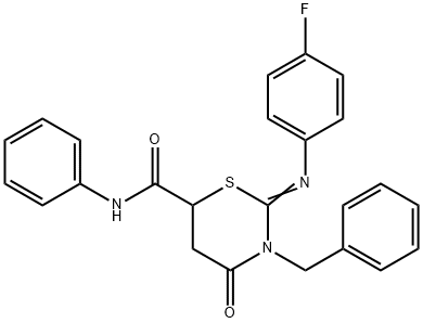 3-benzyl-2-[(4-fluorophenyl)imino]-4-oxo-N-phenyl-1,3-thiazinane-6-carboxamide Struktur