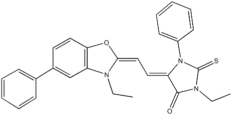 3-ethyl-5-[2-(3-ethyl-5-phenyl-1,3-benzoxazol-2(3H)-ylidene)ethylidene]-1-phenyl-2-thioxo-4-imidazolidinone Struktur