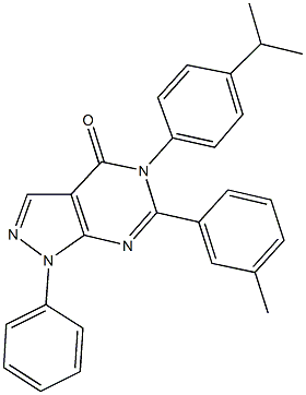 5-(4-isopropylphenyl)-6-(3-methylphenyl)-1-phenyl-1,5-dihydro-4H-pyrazolo[3,4-d]pyrimidin-4-one Struktur