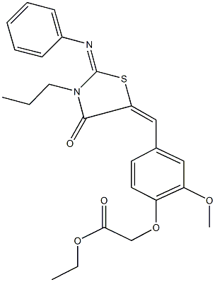 ethyl (2-methoxy-4-{[4-oxo-2-(phenylimino)-3-propyl-1,3-thiazolidin-5-ylidene]methyl}phenoxy)acetate Struktur