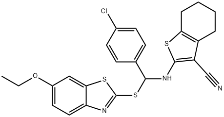 2-({(4-chlorophenyl)[(6-ethoxy-1,3-benzothiazol-2-yl)sulfanyl]methyl}amino)-4,5,6,7-tetrahydro-1-benzothiophene-3-carbonitrile Struktur