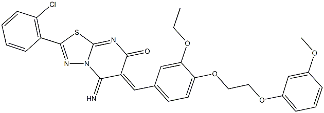 2-(2-chlorophenyl)-6-{3-ethoxy-4-[2-(3-methoxyphenoxy)ethoxy]benzylidene}-5-imino-5,6-dihydro-7H-[1,3,4]thiadiazolo[3,2-a]pyrimidin-7-one Struktur