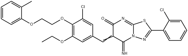 6-{3-chloro-5-ethoxy-4-[2-(2-methylphenoxy)ethoxy]benzylidene}-2-(2-chlorophenyl)-5-imino-5,6-dihydro-7H-[1,3,4]thiadiazolo[3,2-a]pyrimidin-7-one Struktur