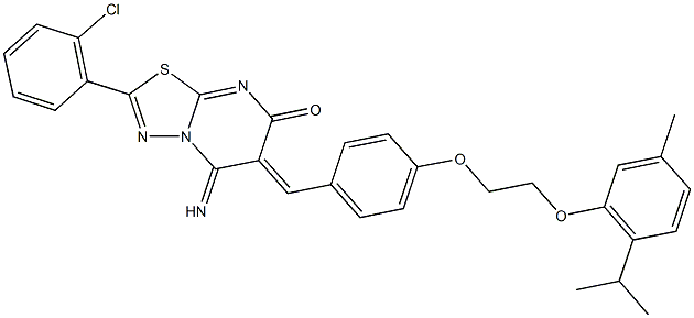 2-(2-chlorophenyl)-5-imino-6-{4-[2-(2-isopropyl-5-methylphenoxy)ethoxy]benzylidene}-5,6-dihydro-7H-[1,3,4]thiadiazolo[3,2-a]pyrimidin-7-one Struktur