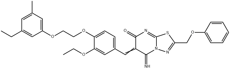 6-{3-ethoxy-4-[2-(3-ethyl-5-methylphenoxy)ethoxy]benzylidene}-5-imino-2-(phenoxymethyl)-5,6-dihydro-7H-[1,3,4]thiadiazolo[3,2-a]pyrimidin-7-one Struktur