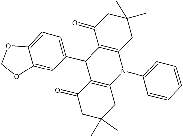 9-(1,3-benzodioxol-5-yl)-3,3,6,6-tetramethyl-10-phenyl-3,4,6,7,9,10-hexahydro-1,8(2H,5H)-acridinedione Struktur