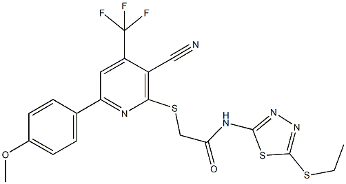 2-{[3-cyano-6-(4-methoxyphenyl)-4-(trifluoromethyl)-2-pyridinyl]sulfanyl}-N-[5-(ethylsulfanyl)-1,3,4-thiadiazol-2-yl]acetamide Struktur