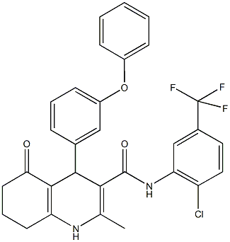 N-[2-chloro-5-(trifluoromethyl)phenyl]-2-methyl-5-oxo-4-(3-phenoxyphenyl)-1,4,5,6,7,8-hexahydro-3-quinolinecarboxamide Struktur