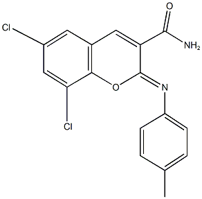 6,8-dichloro-2-[(4-methylphenyl)imino]-2H-chromene-3-carboxamide Struktur